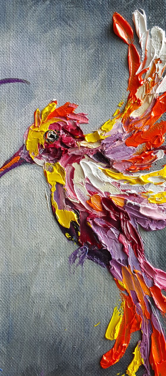 On distance - oil painting, hummingbird, birds, animals, art bird, Impressionism, palette knife, gift.