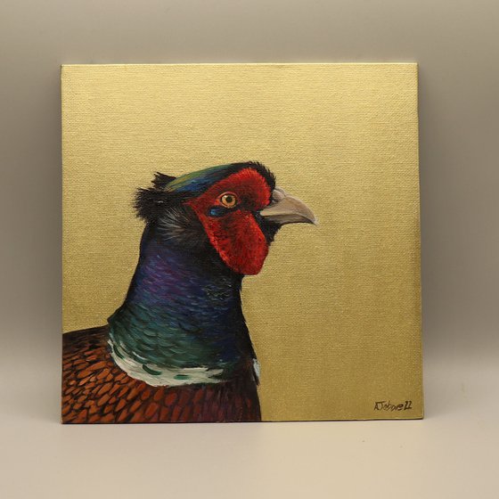 Pheasant Head Portrait, Original Oil Painting, Bright Bird Painting with Gold Backdrop, not Print