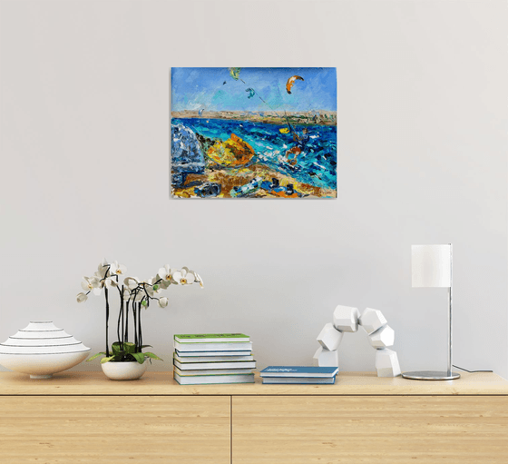 Kitesurfing - Spot atmosphere, 47*37cm, impressionistic oil impasto landscape painting