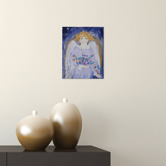 Christmas angel with sweets | Christmas little series | Original oil painting