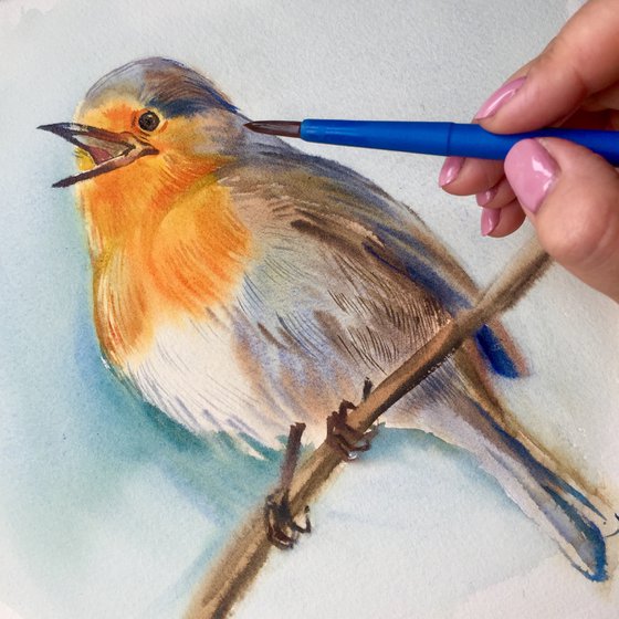 Robin bird. Painting with a bird. Painting for her