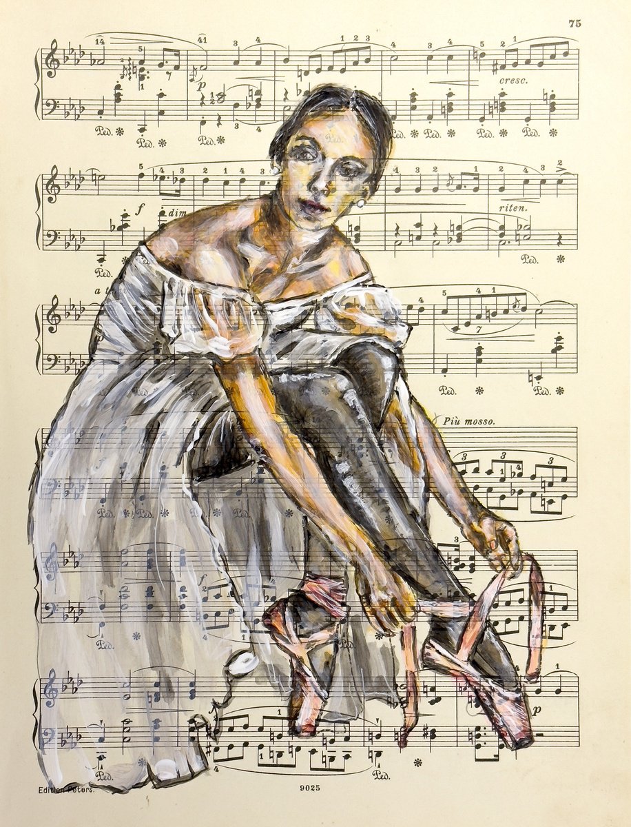 Expressive Portrait Collage By Misty Lady - M. Nierobisz, 9 X 12", Ballerina Liii- Music Page, Original Artwork