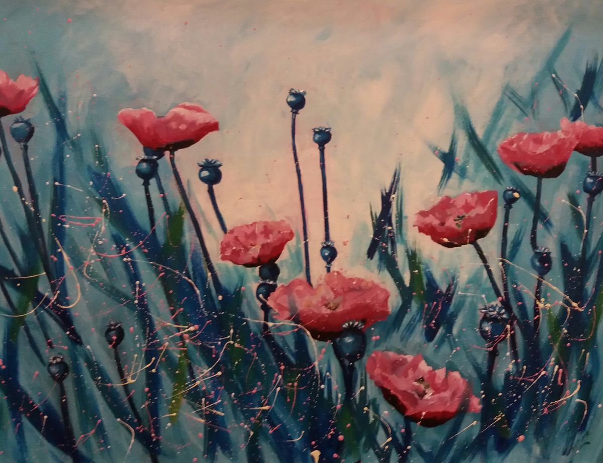 Soroptomist Poppies in the wind (LARGE PAINTING) by Marjory Sime