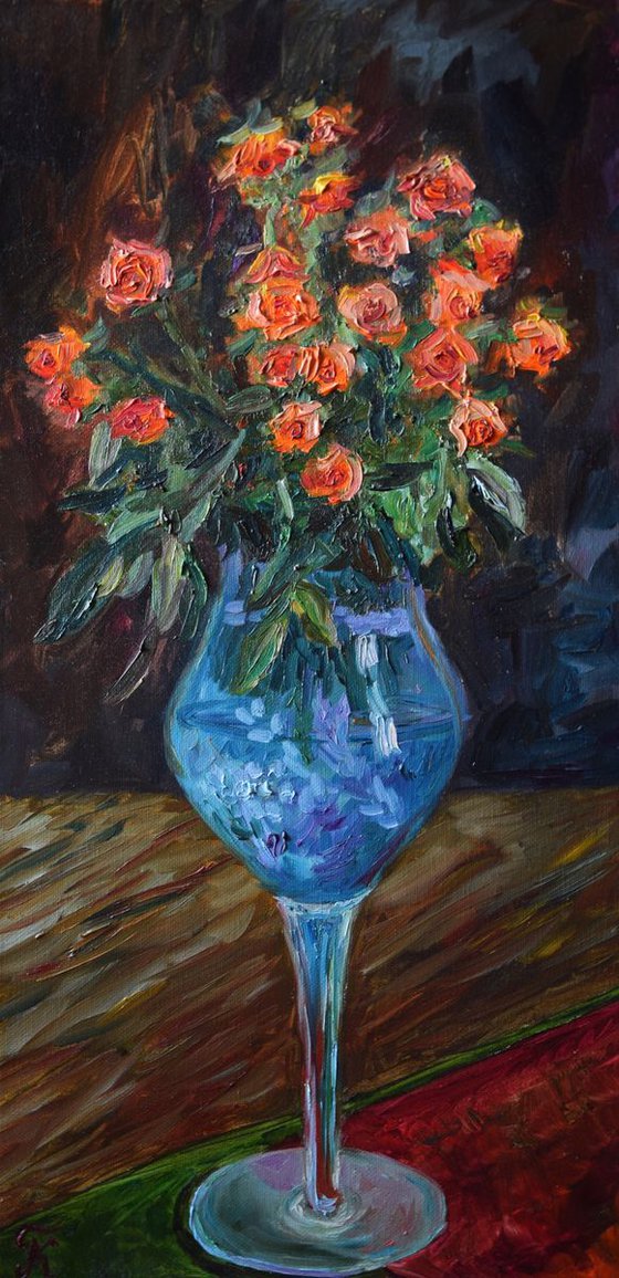 Original flowers oil painting Orange roses in a vase