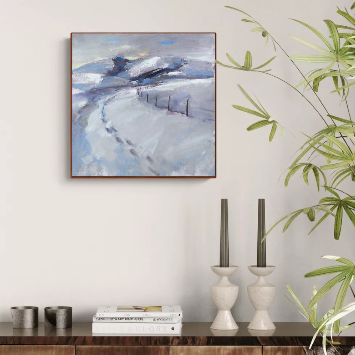Abstract Landscape Oil Painting By Olha Laptieva, 20 X 20", Footprints In The Snow, Original Artwork
