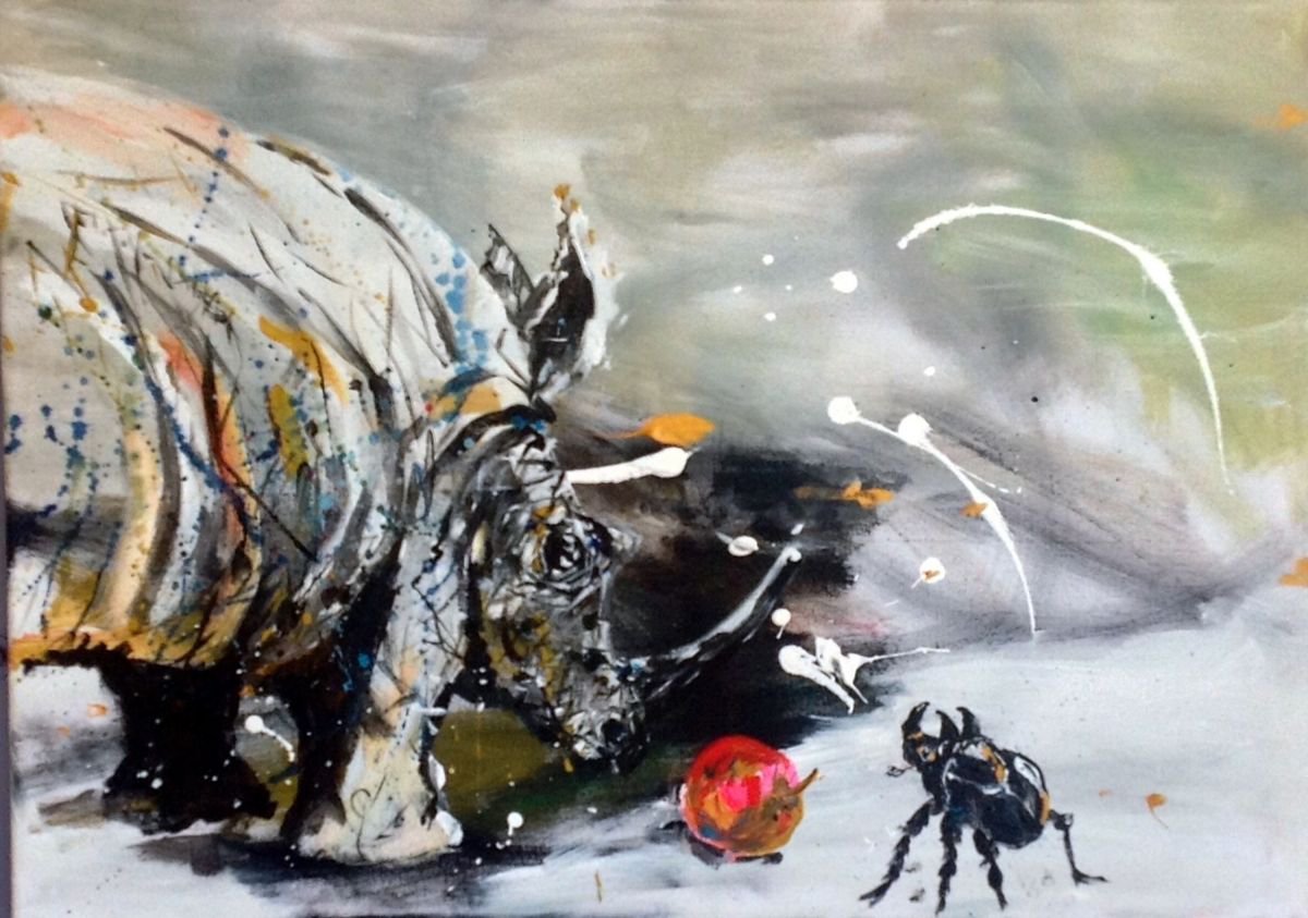 Naive Animal Acrylic Painting By Chris Walker, 28 X 20, After You, Little Brother, Original Artwork