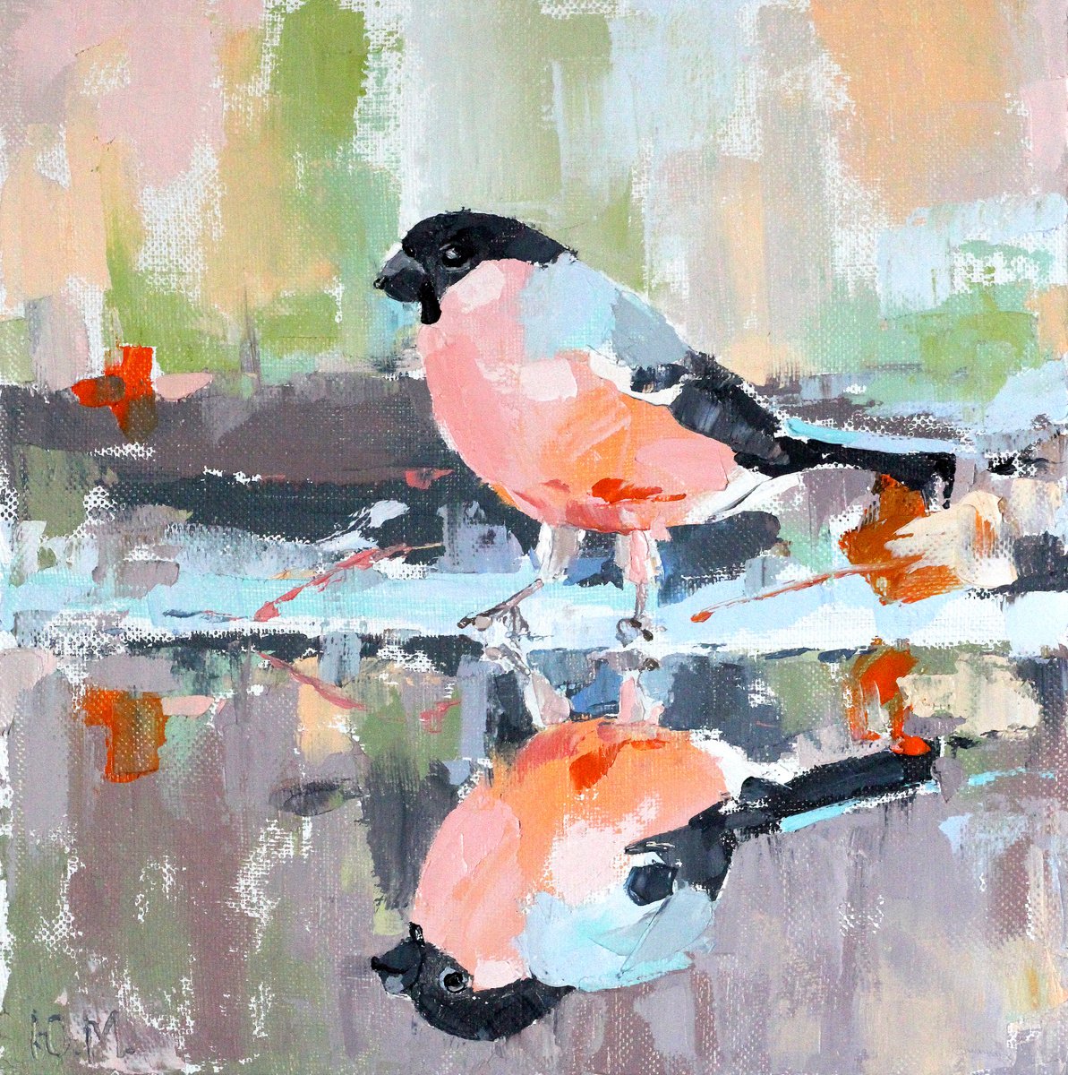Bullfinch - Bird - Orange - Oil 3d painting by Yuliia Meniailova