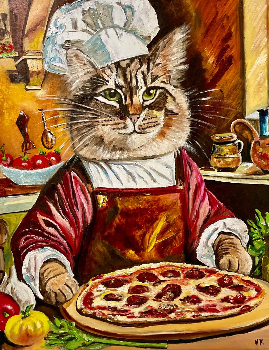 Photorealistic Oil Painting , Cat Pizza Maker. By Olga Koval, 28 X 36, Artwork For Sale On Artfinder