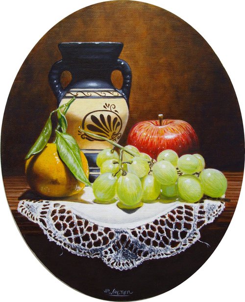 Greek amphora with fruits on lace by Jean-Pierre Walter