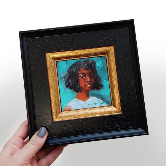 Black woman portrait original oil painting, Black girl portrait framed art mini oil painting, Girl portrait small frame art