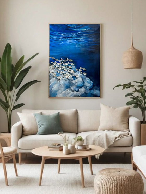 Surreal Ocean Painting with Vintage Lace Fish