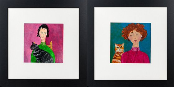 Two women portraits with cats
