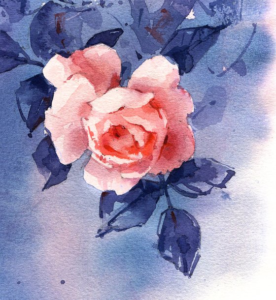 "Twilight in the garden" - original watercolor orange rose sketch
