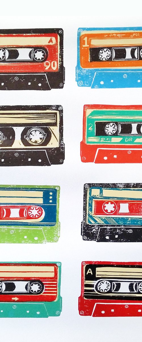 Linocut tapes #34 (cassette tapes, retro music, 70's, 80's rock culture) by Carolynne Coulson