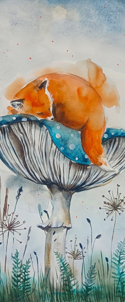 Sleeping Fox On The Mushroom by Evgenia Smirnova