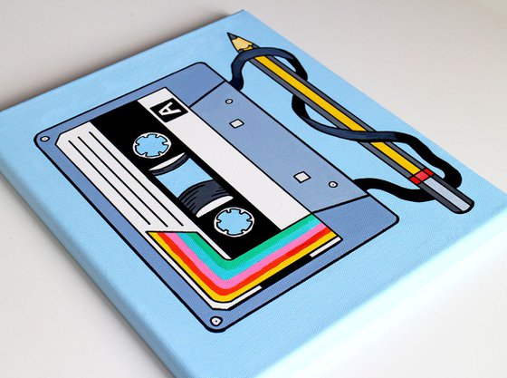 Cassette Tape and Pencil Retro Pop Art Painting On Canvas