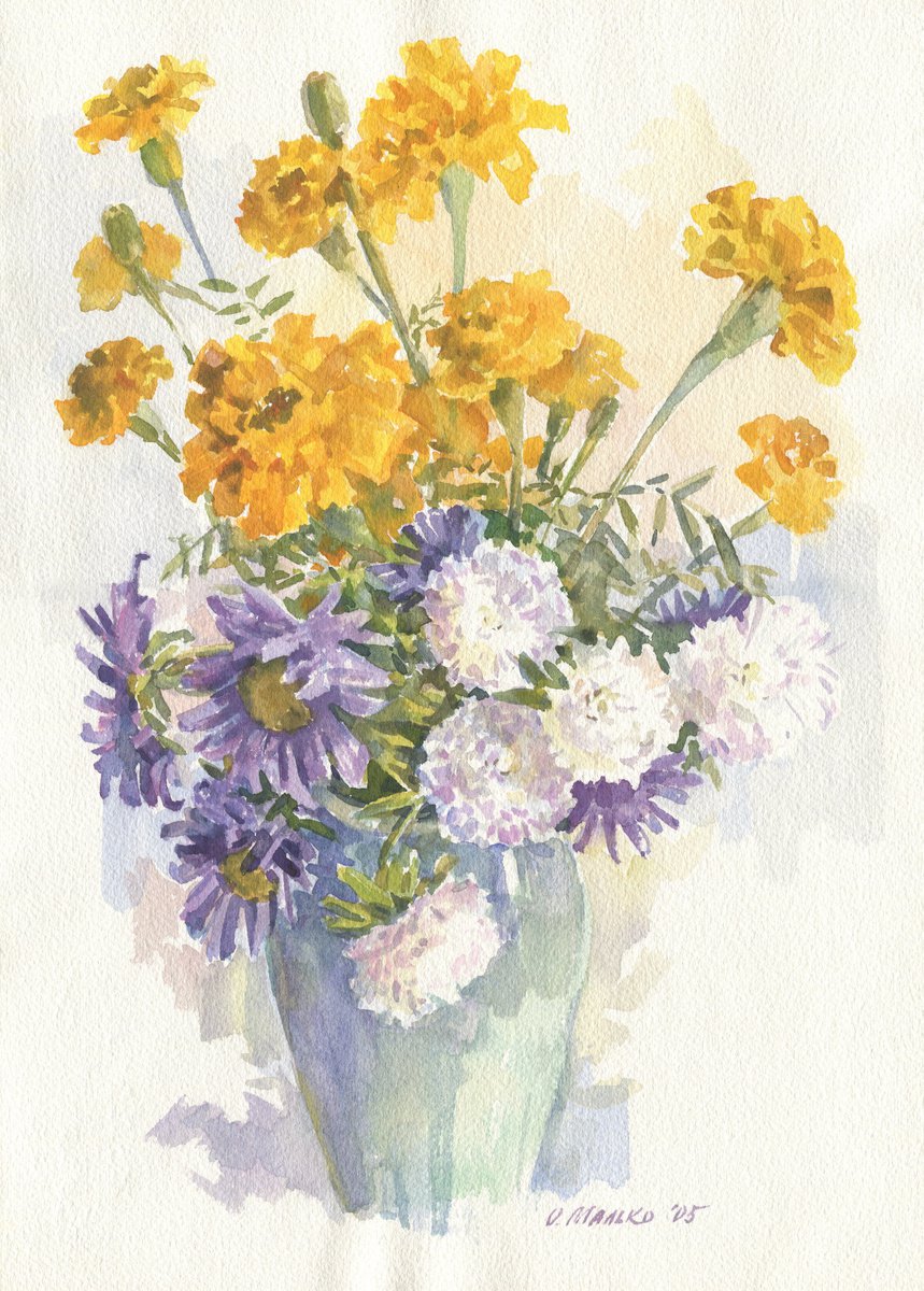 Impressionistic Watercolour , Yellow Blue Bouquet. Marigolds And Asters By Olha Malko, 11 X 15, Artwork For Sale On Artfinder