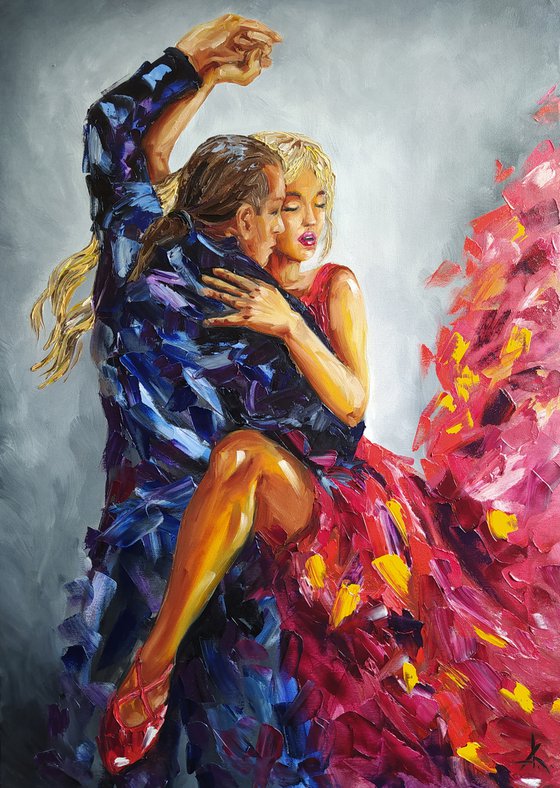 Flame - dance, oil painting, flamenco, tango, passion, fire, dancers oil painting