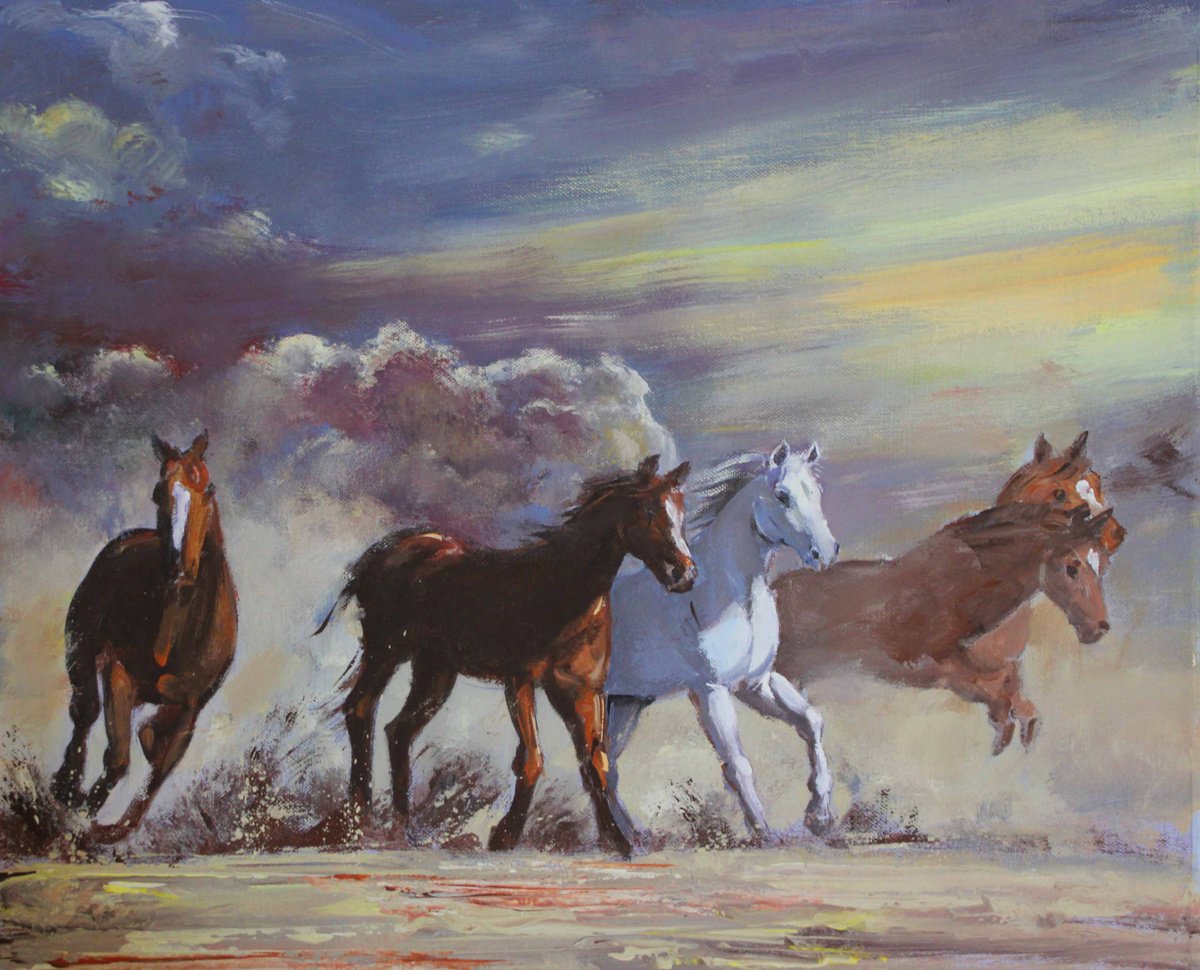 Impressionistic Animal Acrylic Painting By Mir-Jan, 19 X 16", At A Gallop, Original Artwork