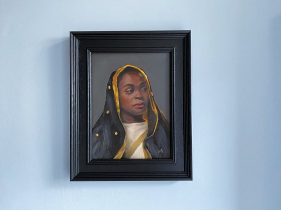 Modern young black woman oil portrait Classical Style.