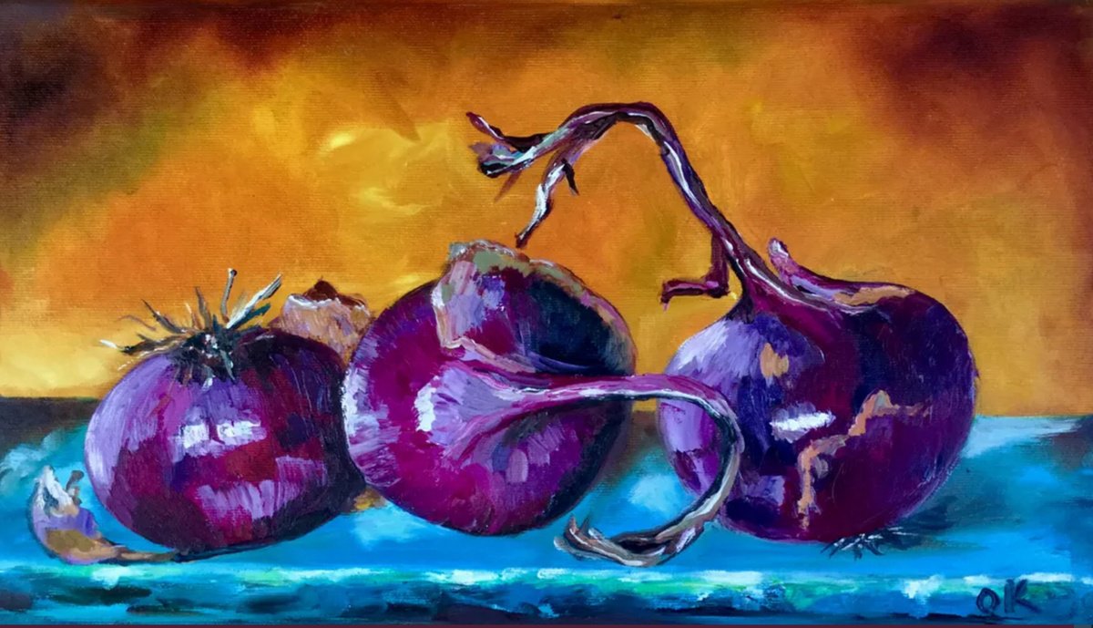 Expressive Still Life Oil Painting By Olga Koval, 18 X 10", Red Onions, Original Artwork