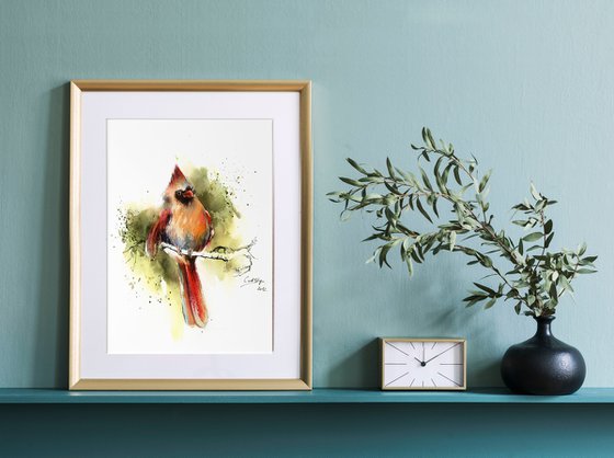 Northern Cardinal Female Bird Watercolor Painting