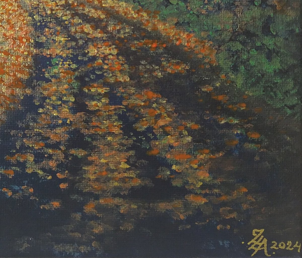 Impressionistic Landscape Acrylic Painting By Zoe Adams, 9 X 12", Orange Moon Walk By Zoe Adams., Original Artwork