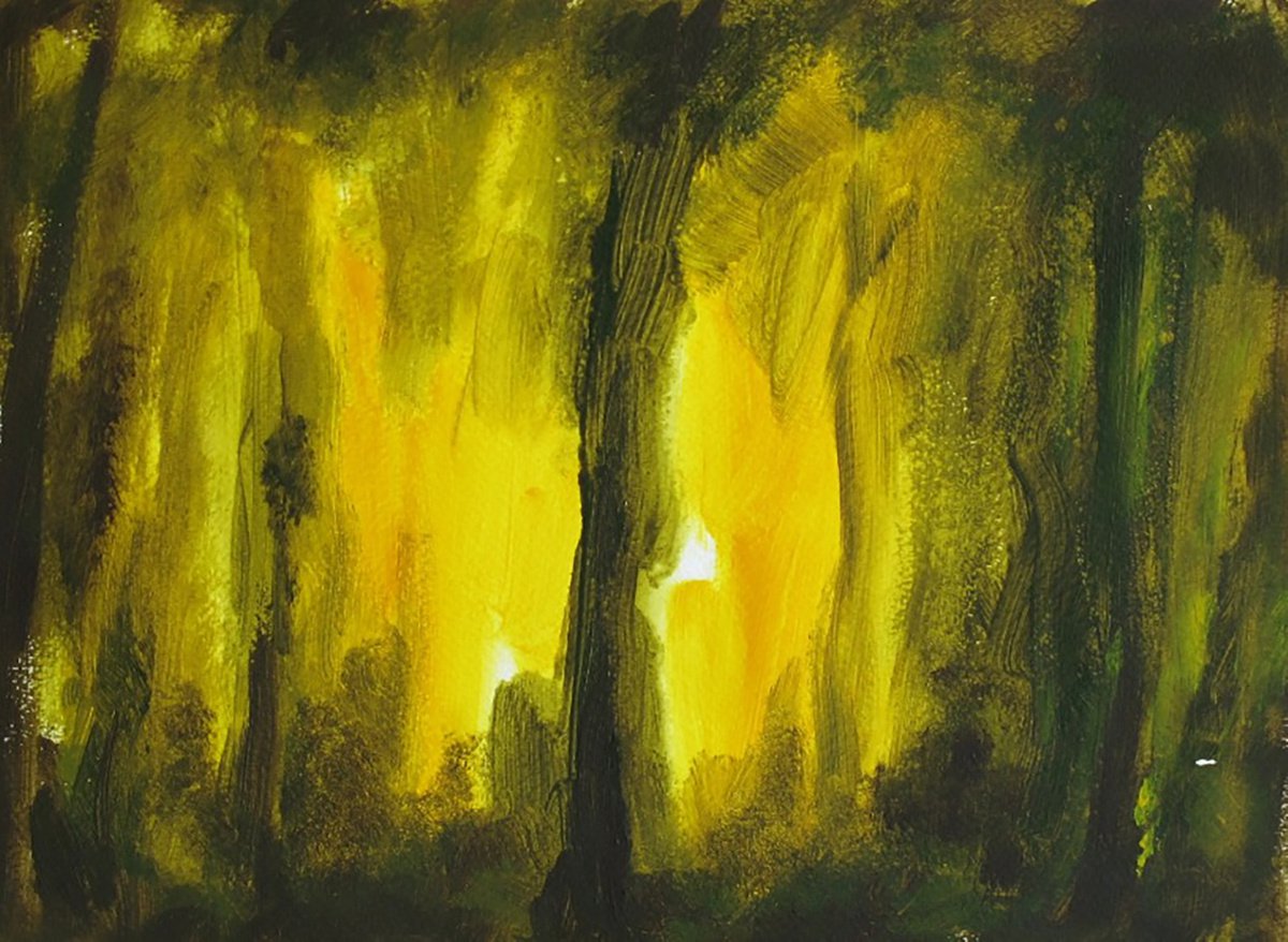 Impressionistic Landscape Acrylic Painting By Fabienne Monestier, 11 X 9, In The Forest At Dusk 2, Original Artwork