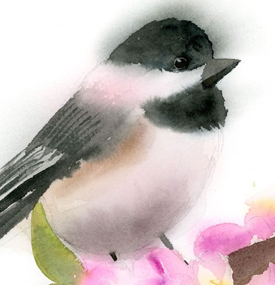 Chickadee with pink flower