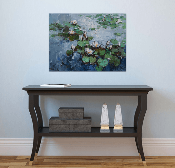 White Water Lilies in pond -  Original Oil painting