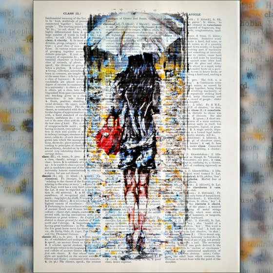 White Umbrella 2 - Collage Art on Large Real English Dictionary Vintage Book Page