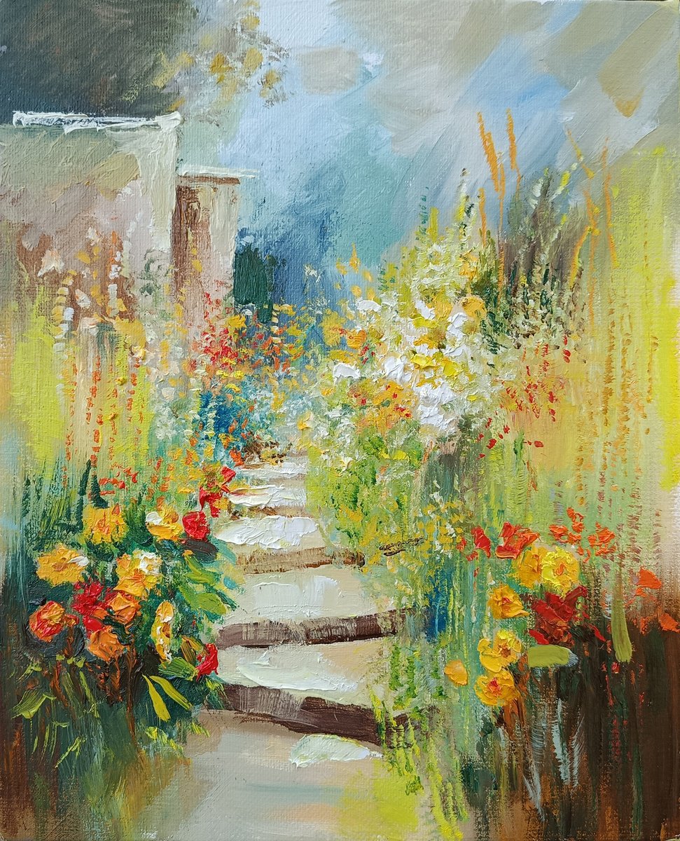 Impressionistic Botanical Oil Painting By Hrach Baghdasaryan, 8 X 9, The Garden Beckons, Original Artwork