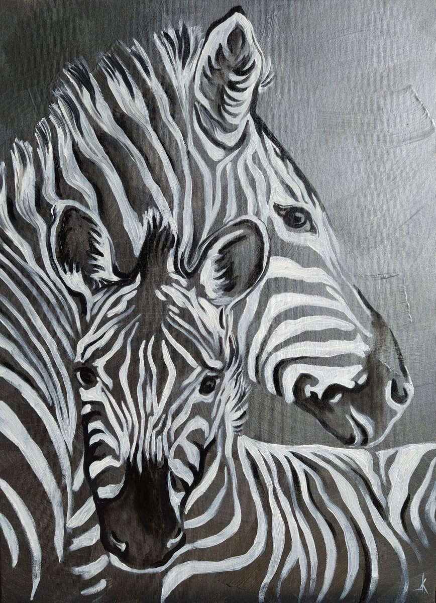 Life lines - black and white, zebras, mother’s love, zebras oil painting, mom and baby, ba... by Anastasia Kozorez