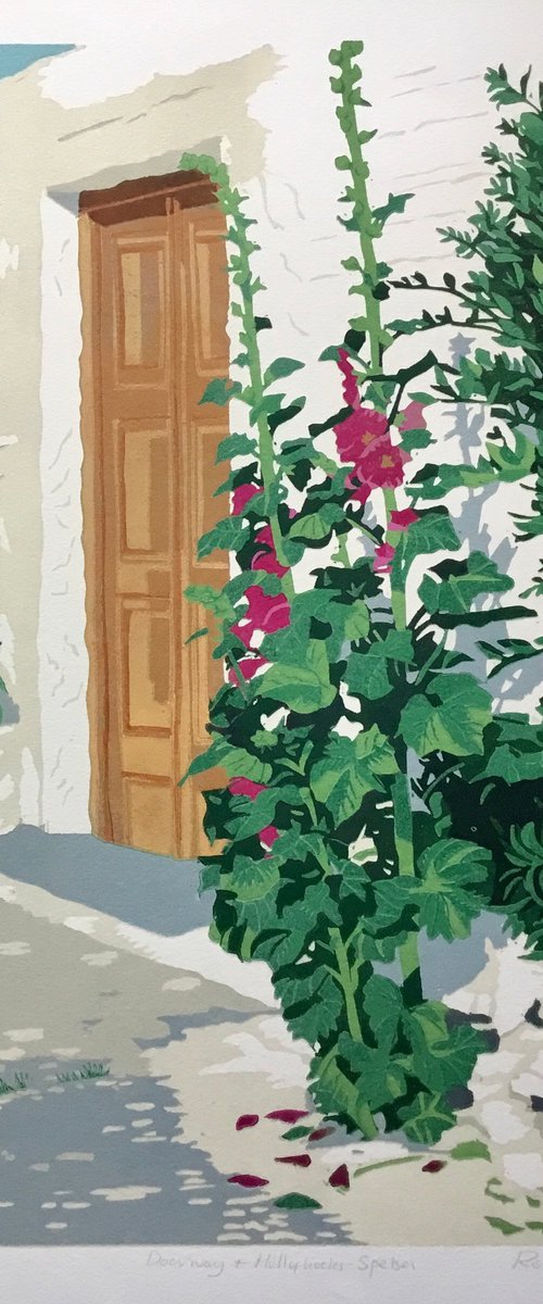 Doorway and Hollyhocks Spetses by Rosalind Forster