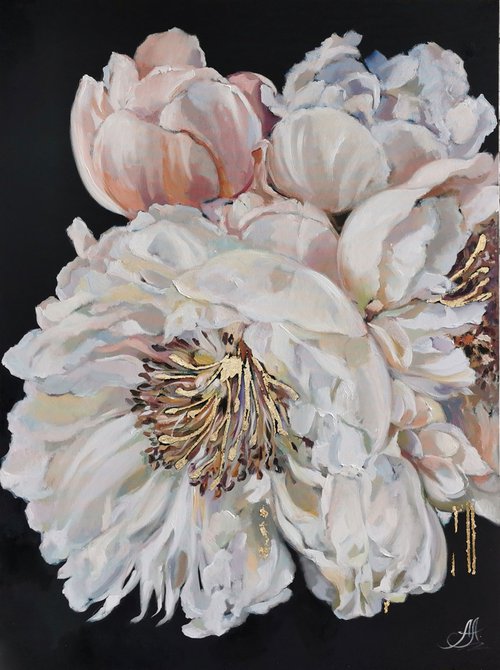 White peonies on canvas by Annet Loginova