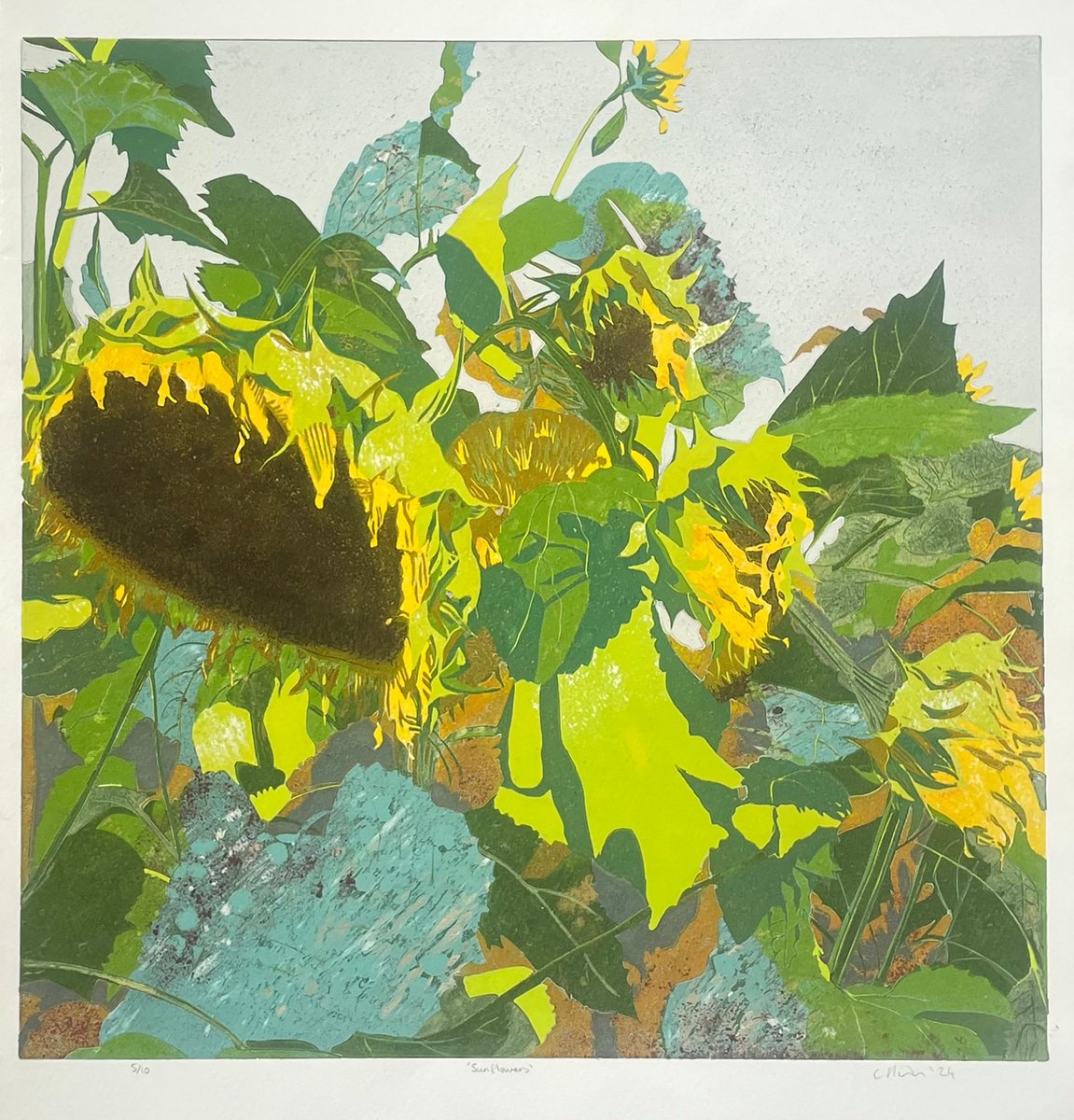 Expressive Linocut , Linocut Print - Sunflowers By C Staunton, 13 X 14, Artwork For Sale On Artfinder