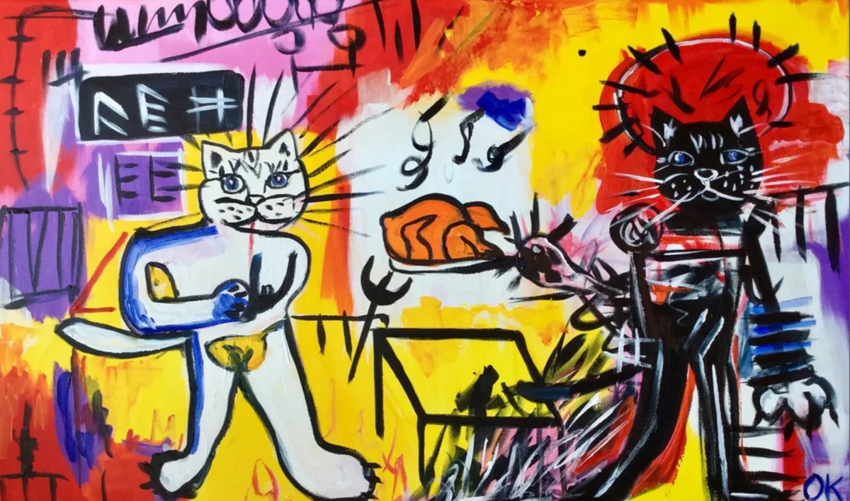 Expressive Animal Acrylic Painting By Olga Koval, 40 X 24", Rice With Chicken, Original Artwork