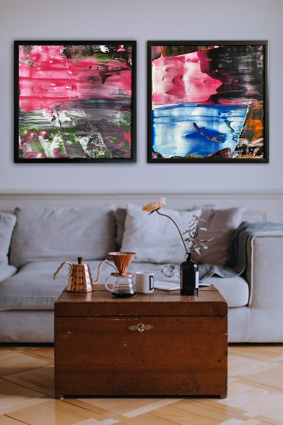 "We Could Be So Good Together" - Original PMS Abstract Diptych Acrylic Paintings On Plexiglass, Framed - 52" x 26"