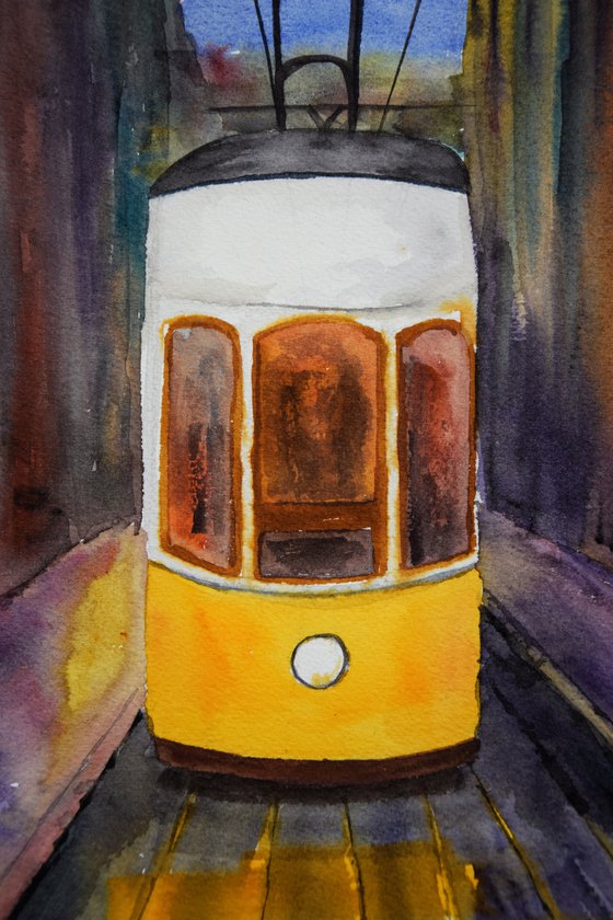 Lisbon tram painting, Lisboa watercolor art original, Portugal wall art