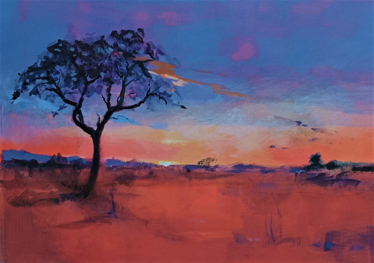 Impressionistic Landscape Acrylic Painting By Alan Harris, 16 X 11, Kenya Sunset, Original Artwork