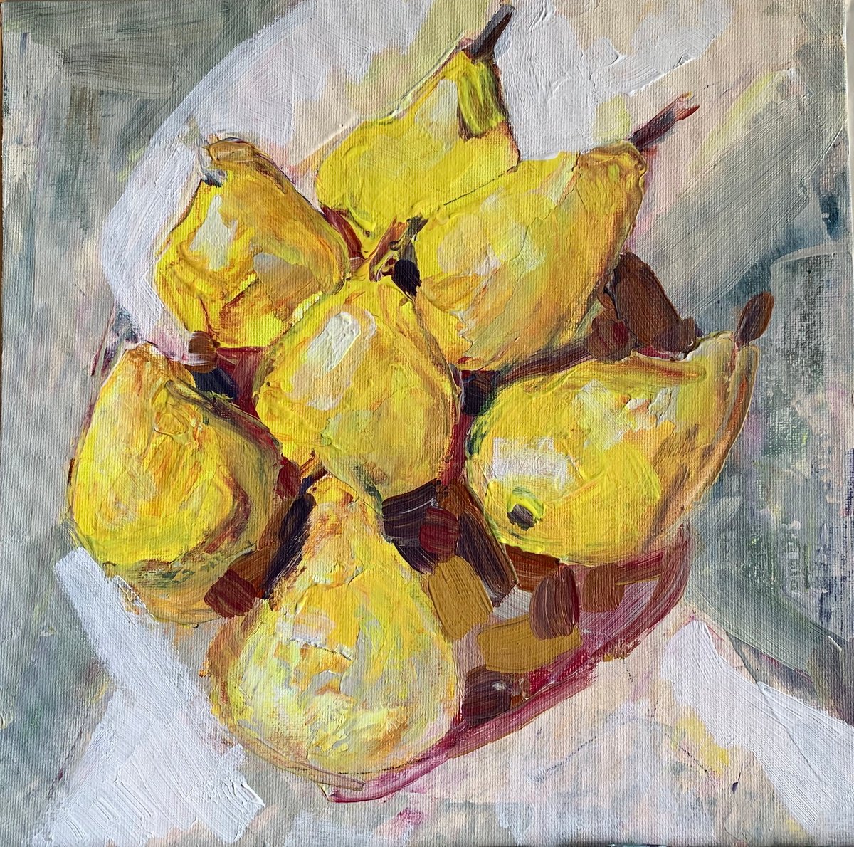 Impressionistic Still Life Acrylic Painting By Olga Pascari, 12 X 12", Pears, Original Artwork