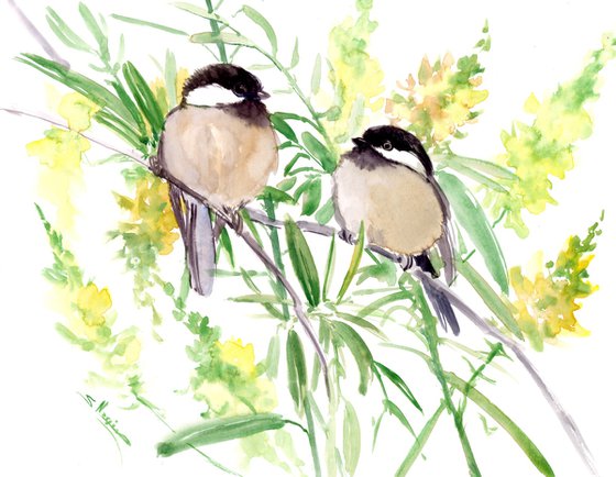 Chickadees and Blooming Tree