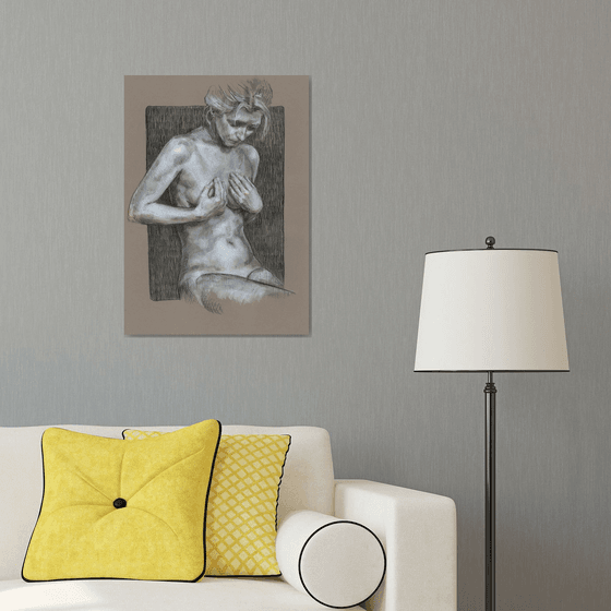 Charcoal nude art. Charcoal drawing. Nude drawing. Female nude. Woman nude.