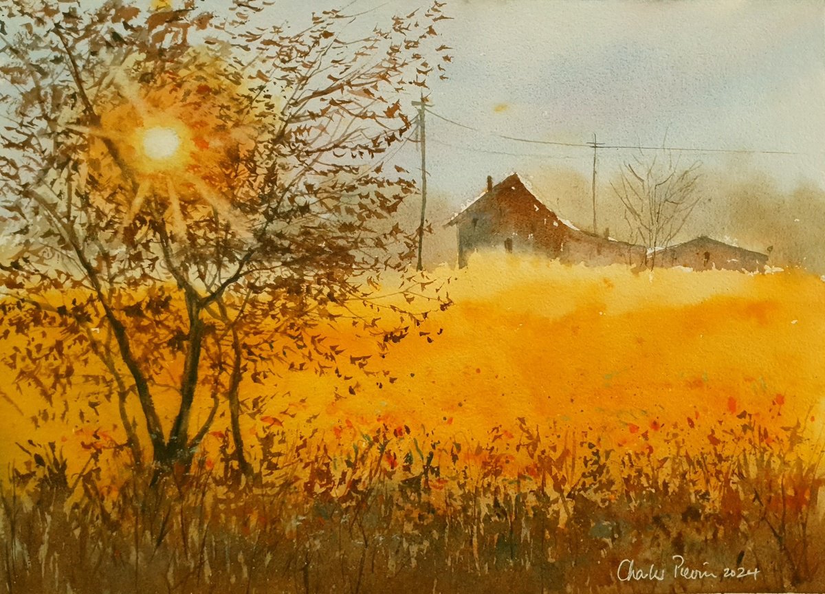 Impressionistic Watercolour , Barns At Sunset With Golden Fields By Charles Pierson, 15 X 11, Artwork For Sale On Artfinder