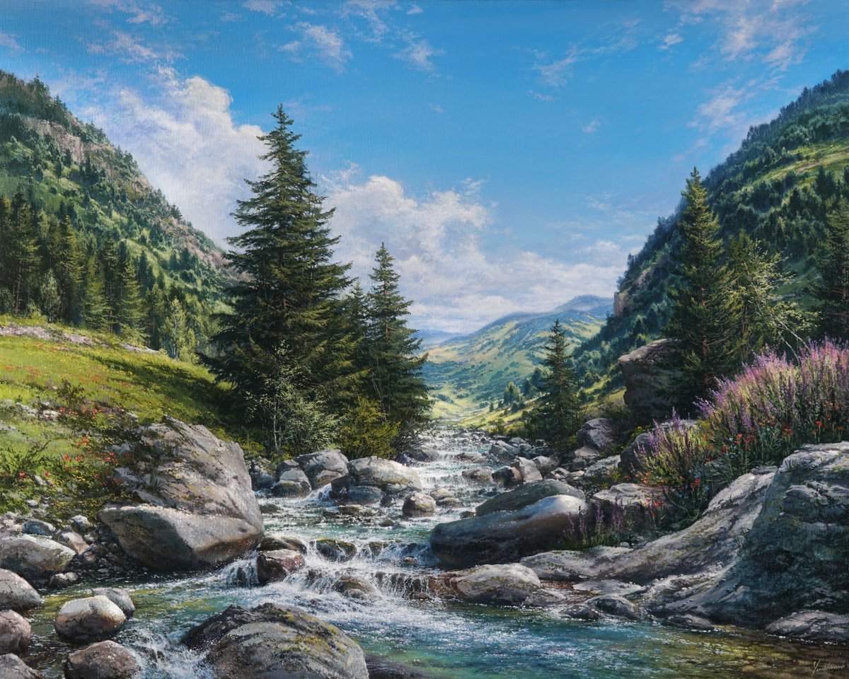 Photorealistic Landscape Acrylic Painting By Viktar Yushkevich Yuvart, 39 X 31", Mountain Symphony, Original Artwork