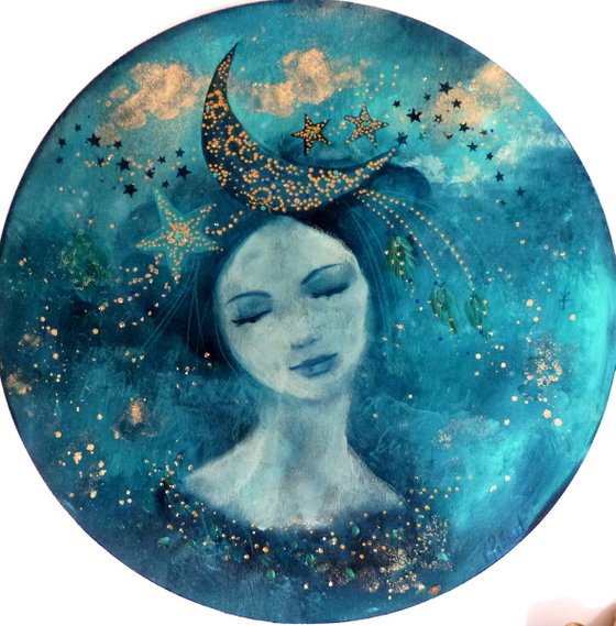 In her wildest dreams, she saw herself as a moon woman. 30 cm diameter on wood.