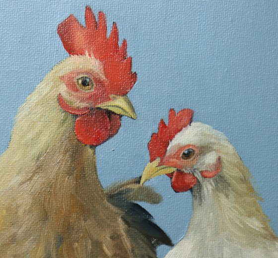 Chickens in a Row, Chicken Painting, Animal Artwork, Nature Wall Decor Framed and Ready to Hang Oil Painting by Alex Jabore Active