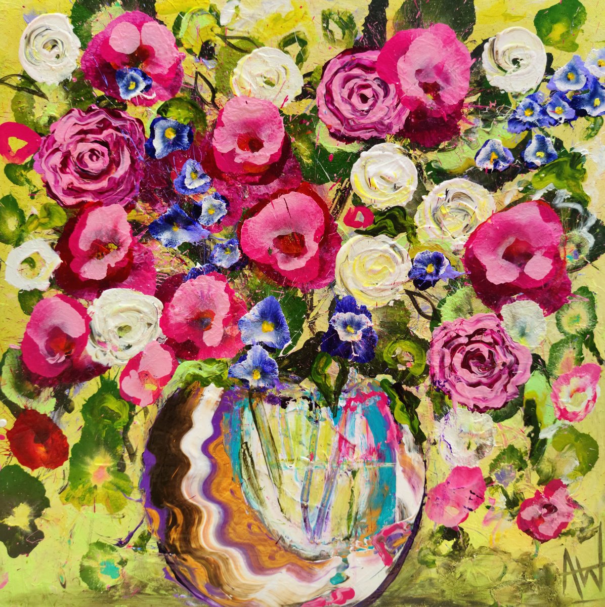 Impressionistic Botanical Oil Painting By Angie Wright, 24 X 24, Lazy Morning Roses, Original Artwork