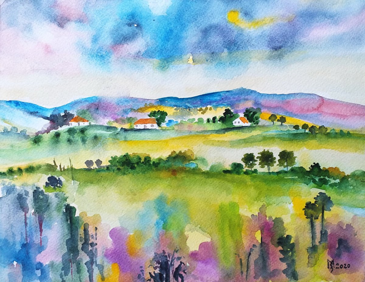 Impressionistic Landscape Watercolour By Zoran Mihajlovic Muza, 12 X 9", Landscape, Original Artwork