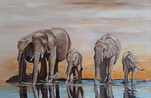 Elephants at the watering hole by Ira Whittaker